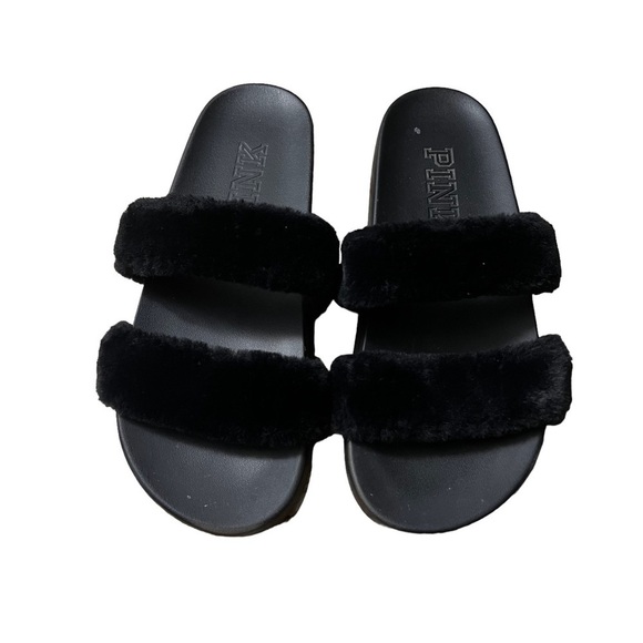 PINK Victoria’s Secret Black Fuzzy Slides Slippers Size M (38/39 or 8-9 US) - Picture 2 of 6
